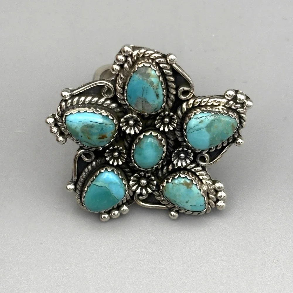 Southwest Turquoise Sterling Silver Ring Size 8 Adjustable Cluster 17.25g